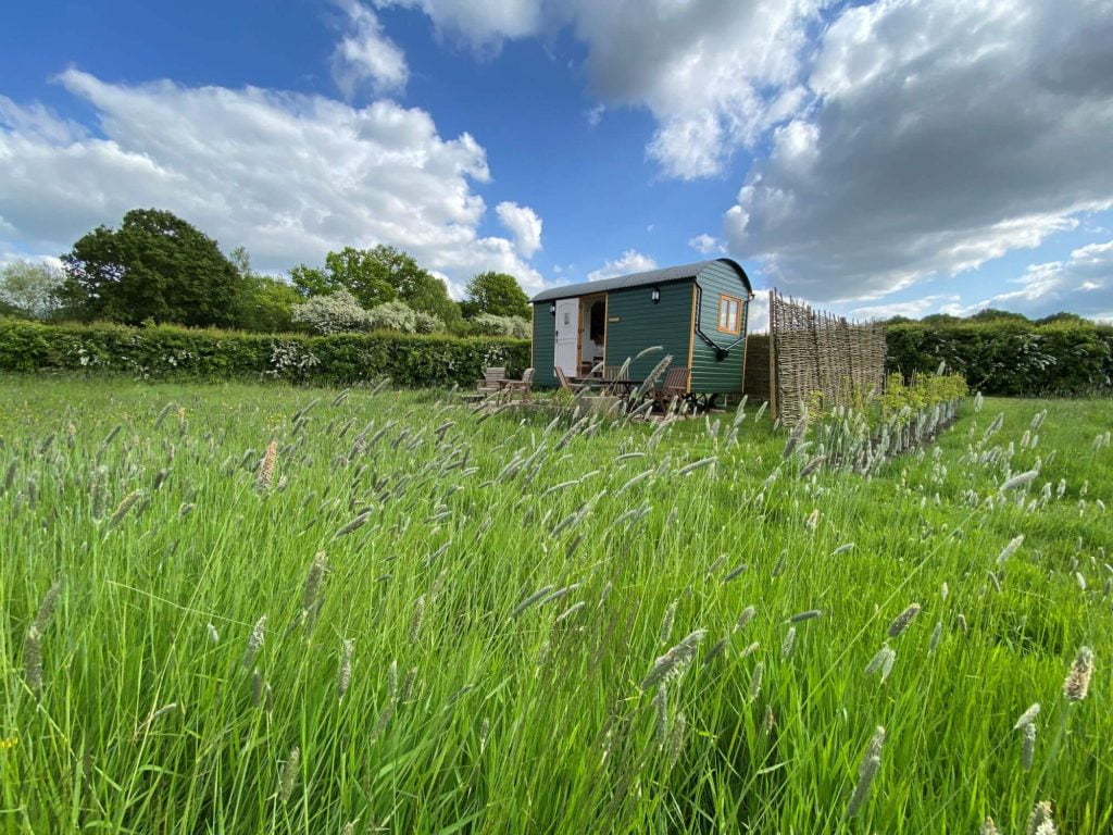 Shepherds hut glamping in meadow